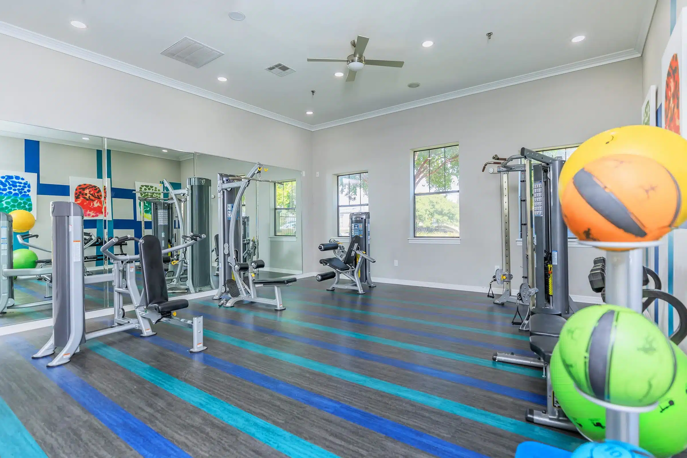Bright gym at The Heritage with exercise machines, medicine balls, large mirrors, and windows letting in natural light.