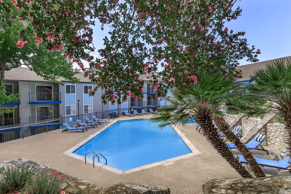 Outdoor swimming pool at The Keller with lounge chairs, palm trees, and blooming pink flowers.